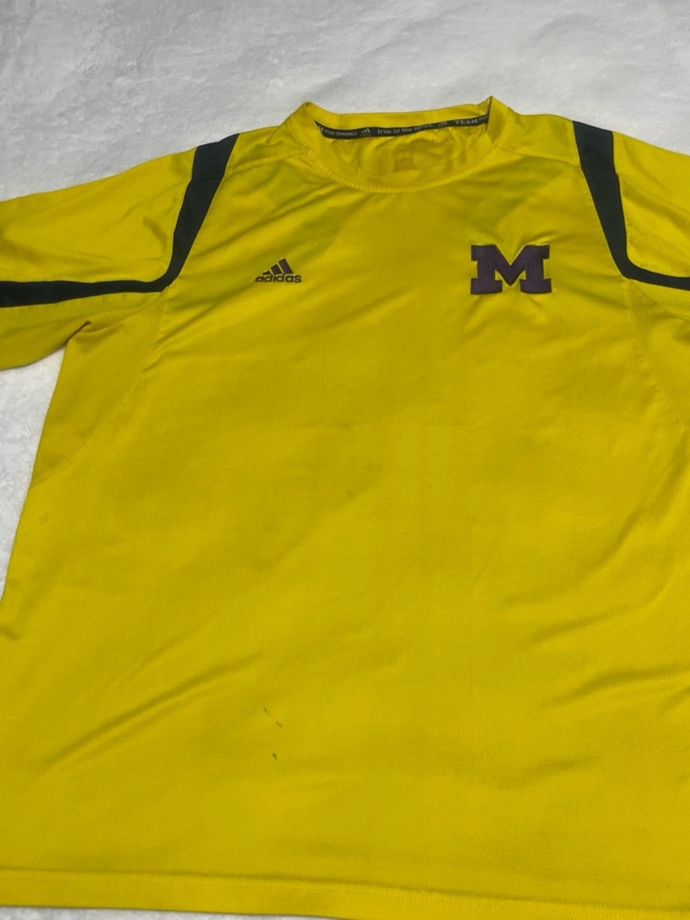 adidas Yellow Short-Sleeve Athletic Shirt with Black Accents and Maroon M Patch